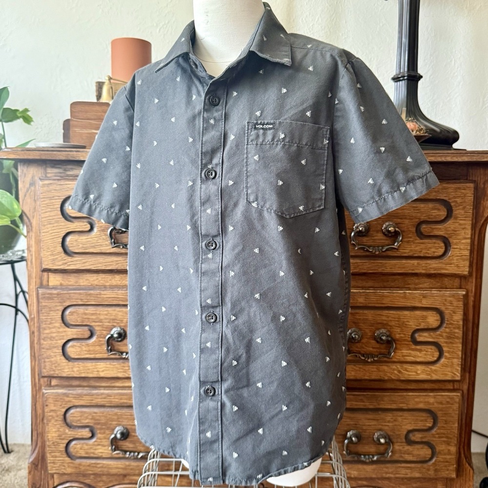 Volcom Boys Mistere SS Shirt Size S 8 Dark Grey Embroidered Geo Short Sleeve